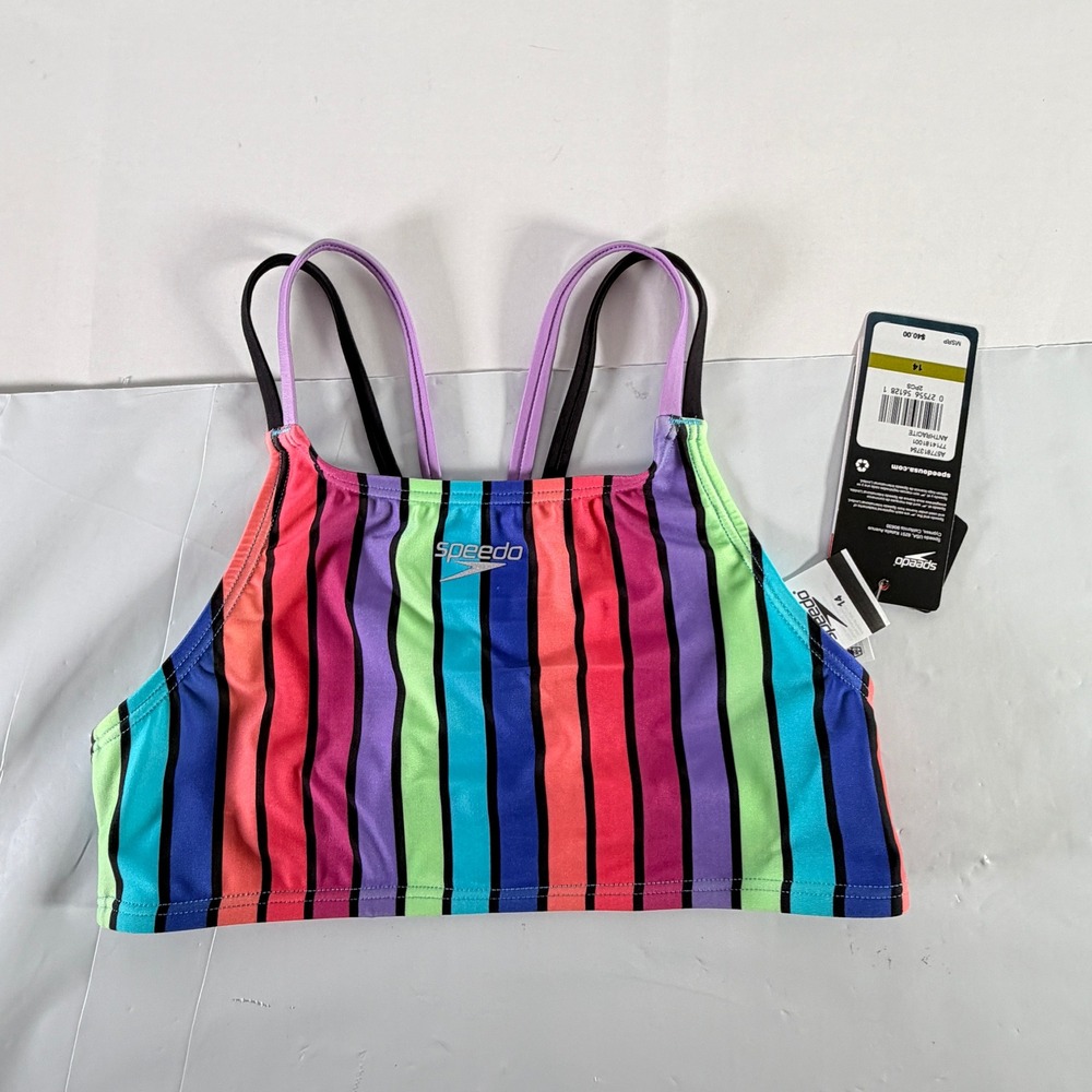 Speedo Girls Striped High Neck Swim Top Anthracite Size 14 NWT